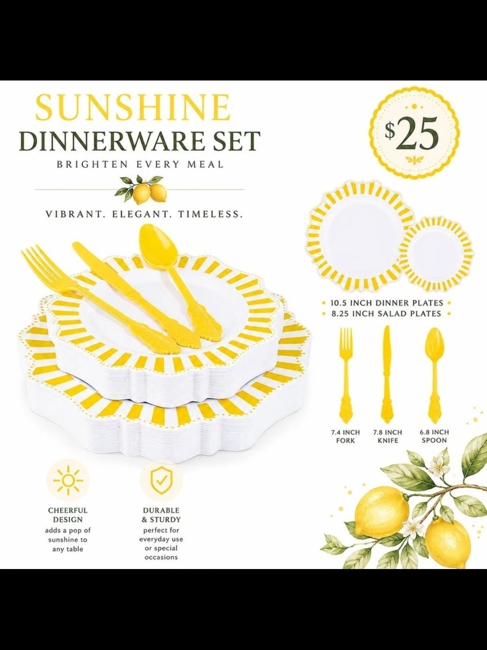 150pcs Disposable White and Yellow Striped Party Dinnerware set
